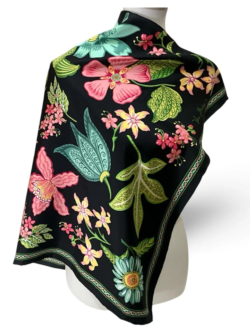 Vera Bradley Botanica 100% Silk Scarf 27” Square Black Floral